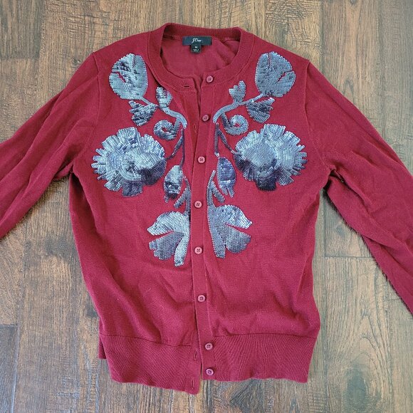 J. CREW Jackie Sequined Cardigan M Medium EUC Navy Blue Burgundy Red Floral - Picture 1 of 3